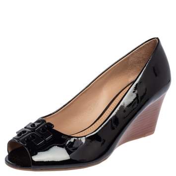 Pre Owned Tory Burch Black Patent Leather Lowell Peep Toe Wedge Pumps Size 36