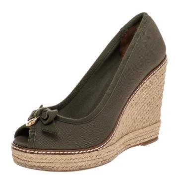 Pre Owned Tory Burch Olive Green Canvas Jackie Espadrille Wedge Pumps Size 37.5