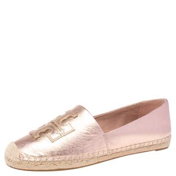 Pre Owned  Tory Burch Rose Gold Leather Ines Espadrille Flats Size 38