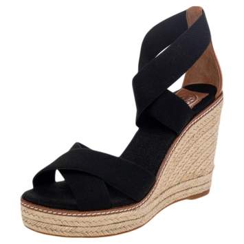 Pre Owned Tory Burch Black Canvas Frieda Espadrille Wedge Sandals Size 38