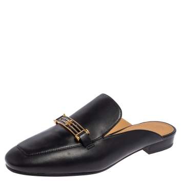 Pre Owned Tory Burch Black Leather Loafer Mules Size 38.5