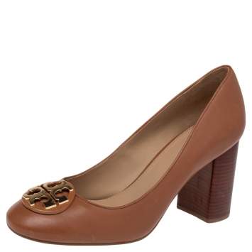 Pre Owned Tory Burch Brown Leather Janey Block Heel Pumps Size 37.5
