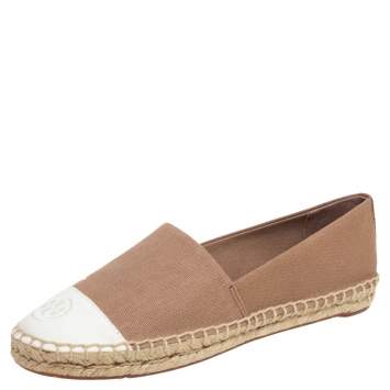 Pre Owned Tory Burch White-Beige Canvas Espadrilles Flat Size 38