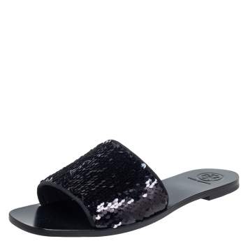 Pre Owned Tory Burch Black Sequins Slide Flats Size 37