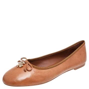 Pre Owned Tory Burch Tan Leather Charm Bow Detail Ballet Flats Size 41