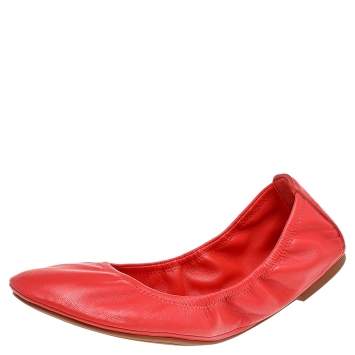 Pre Owned Tory Burch Bright Orange Leather Scrunch Ballet Flats Size 41