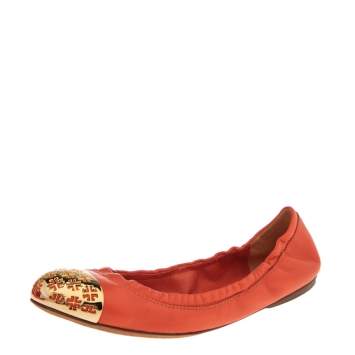 Pre Owned Tory Burch Orange Leather Scrunch Ballet Flats Size 39