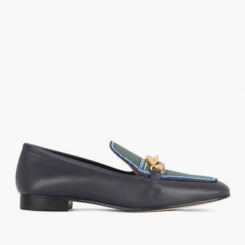 Pre Owned Tory Burch Blue Calf Leather/Fabric Jessa Knit Loafers Size EU 37.5