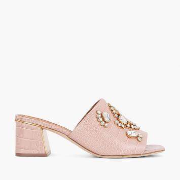 Pre Owned Tory Burch Pink Crocodile Embossed Leather Martine Mules Size EU 40