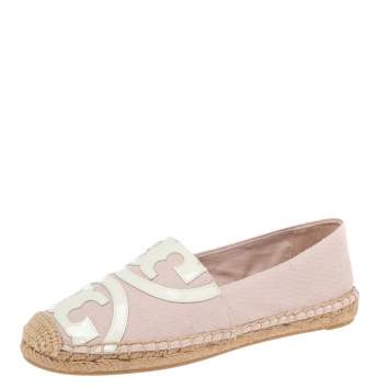 Pre Owned Tory Burch White/Pink Canvas And Patent Espadrille Flats Size 37