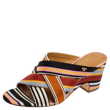 Pre Owned Tory Burch Multicolor Webbing Fabric Stripe Graham Slide Sandals Size 37