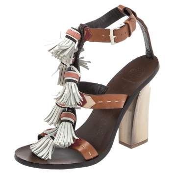 Pre Owned Tory Burch Multicolor Leather Tassels Block Heel Sandals Size 38.5