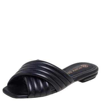 Pre Owned Tory Burch Black Quilted Leather Kira Flat Slide Sandals Size 37