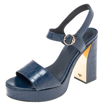 Pre Owned Tory Burch Navy Blue Croc Embossed Martine Platform Ankle Strap Sandals Size 41
