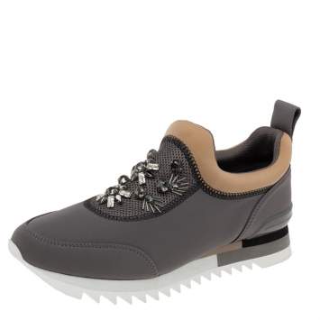 Pre Owned Tory Burch Grey/Brown Fabric Storm Cloud Crystal Embellished Slip On Sneakers Size 40 