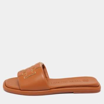 Pre Owned Tory Burch Brown Leather Double T Sport Slide Flats Size 36.5