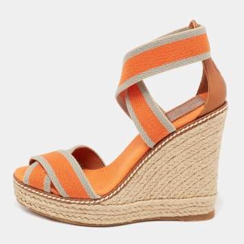Pre Owned Tory Burch Tri-Color Fabric Adonis Espadrille Wedge Sandals Size 35.5