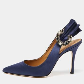 Pre Owned Tory Burch Navy Blue Satin Penelope Slingback Sandals Size 38.5