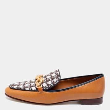 Pre Owned Tory Burch Tan/Beige Leather and Knit Fabric Jessa Loafers Size 39.5