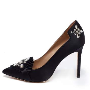 Pre Owned Tory Burch Black Satin Pleated Detail Crystal Embellished Pumps Size 38.5