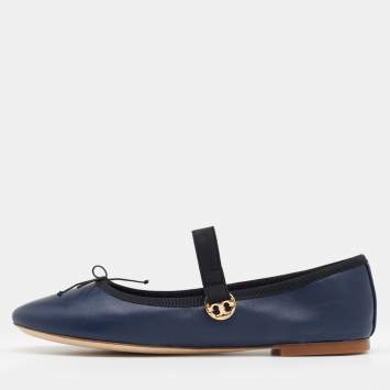 Pre Owned Tory Burch Navy Blue/Black Leather Mary Jane Ballet Flats Size 36.5