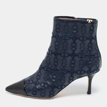 Pre Owned Tory Burch Navy Blue/Black Leather Penelope Embroidered Link Pointed Toe Ankle Boots Size 36