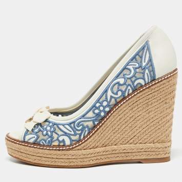 Pre Owned Tory Burch White/Blue Lace And Leather Lucia Wedge Espadrille Platform Pumps Size 38.5
