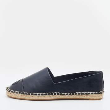 Pre Owned Tory Burch Black Patent and Leather Flat Espadrilles Size 37.5