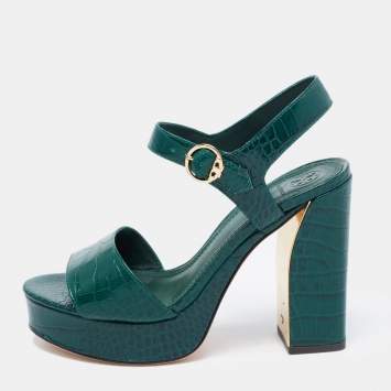 Pre Owned Tory Burch Green Croc Embossed Leather Martine Platform Sandals Size 39