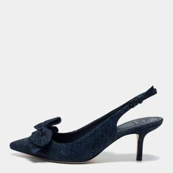 Pre Owned Tory Burch Blue Textured Fabric Rosalind Bow Slingback Sandals Size 37