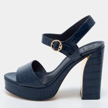 Pre Owned Tory Burch Navy Blue Croc Embossed Leather Maritine Platform Sandals Size 40