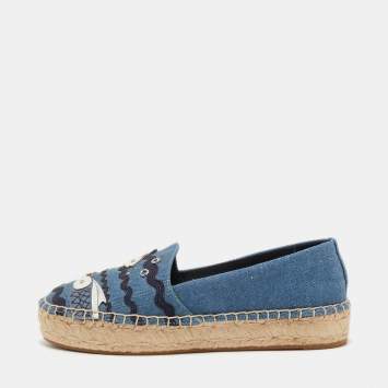 Pre Owned Tory Burch Blue Denim Seaside Espadrille Flats Size 37.5