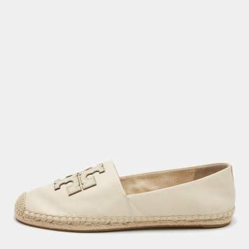 Pre Owned Tory Burch Cream Leather Ines Espadrille Flats Size 41.5
