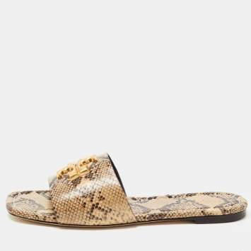 Pre Owned Tory Burch Two Tone Python Leather Eleanor Flat Slides Size 38