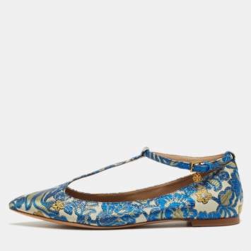 Pre Owned Tory Burch Blue Jacquard Fabric Ashton Flats Size 38
