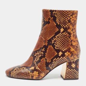 Pre Owned Tory Burch Brown Python Embossed Leather Ankle Boots Size 37.5