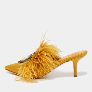 Pre Owned Tory Burch Mustard Yellow Satin and Feather Elodie Embellished Mules Size 36.5