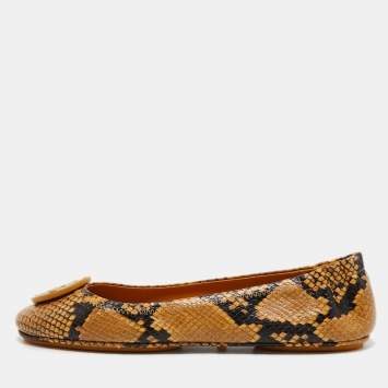 Pre Owned Tory Burch Yellow/Brown Python Embossed Minnie Ballet Flats Size 39.5