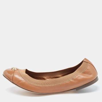 Pre Owned Tory Burch Brown Patent and Leather Jolie Scrunch Ballet Flats Size 39.5