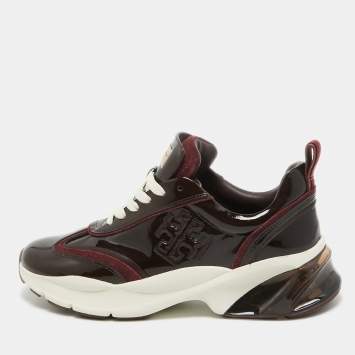 Pre Owned Tory Burch Burgundy Suede and Patent Leather Low Top Sneakers Size 39.5