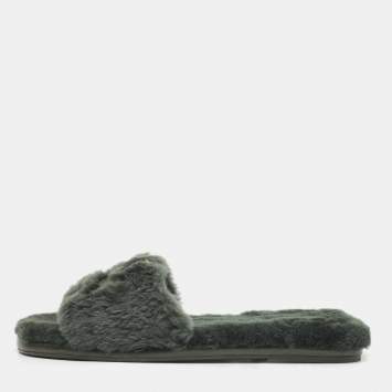 Pre Owned Tory Burch Green Shearling and Leather Flat Slides Size 39