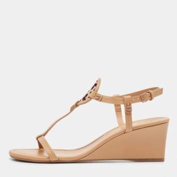 Pre Owned Tory Burch Beige Leather Miller Wedge Sandals Size 39
