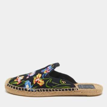 Pre Owned Tory Burch Navy Blue Canvas Floral Espadrille Mules Size 38