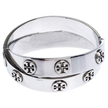Pre Owned Tory Burch Silver Tone Metal Logo Double Wrap Bracelet  