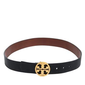 Pre Owned Tory Burch Navy Blue Leather Logo Buckle Belt 105CM