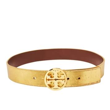 Pre Owned Tory Burch Metallic Gold Leather Logo Buckle Belt S