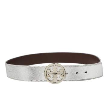 Pre Owned Tory Burch Silver Leather Logo Buckle Belt S