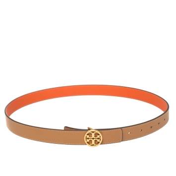 Pre Owned Tory Burch Beige/Orange Leather L Noe Reversible Logo Belt 100CM