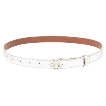 Pre Owned Tory Burch Metallic Silver Leather Reva Buckle Belt 80CM