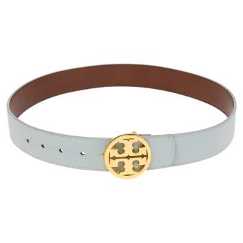 Pre Owned Tory Burch Light Blue/Brown Leather Robinson Small Cut to Size Belt 